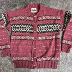 Women's Vintage 90's Alps USA Pink Wool Button Up Cardigan Sweater Jacket Sz XL